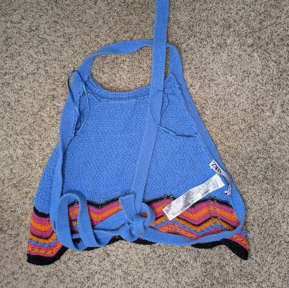 Zara Blue/Coral Unlined Crochet Halter Top Open Back Size Small - Picture 4 of 6